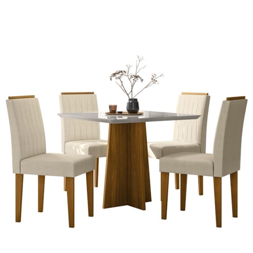 Mesa de Jantar Anitta 90x90 com 4 Cadeiras Ana Ypê/Off White/Linho Palha - New Ceval 