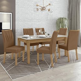 Mesa de Jantar Áries 180x90 com 6 Cadeiras Apogeu Amêndoa/Off White/Corino Caramelo - Móveis Lopas