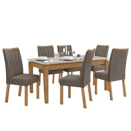 Mesa de Jantar Áries 180x90 com 6 Cadeiras Apogeu Amêndoa/Off White/Suede Bege - Móveis Lopas