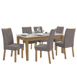 Mesa de Jantar Áries 180x90 com 6 Cadeiras Apogeu Amêndoa/Off White/Veludo Capuccino - Móveis Lopas 