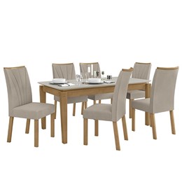 Mesa de Jantar Áries 180x90 com 6 Cadeiras Apogeu Amêndoa/Off White/Veludo Creme - Móveis Lopas