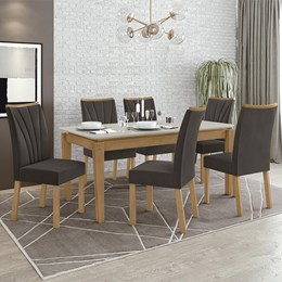 Mesa de Jantar Áries 180x90 com 6 Cadeiras Apogeu Amêndoa/Off White/Veludo Marrom - Móveis Lopas