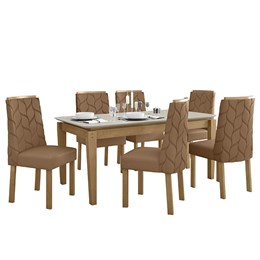 Mesa de Jantar Áries 180x90 com 6 Cadeiras Astrid Amêndoa/Off White/Corino Caramelo - Móveis Lopas