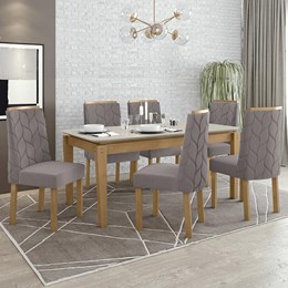 Mesa de Jantar Áries 180x90 com 6 Cadeiras Astrid Amêndoa/Off White/Veludo Capuccino - Móveis Lopas 