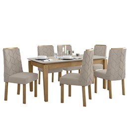 Mesa de Jantar Áries 180x90 com 6 Cadeiras Astrid Amêndoa/Off White/Veludo Creme - Móveis Lopas