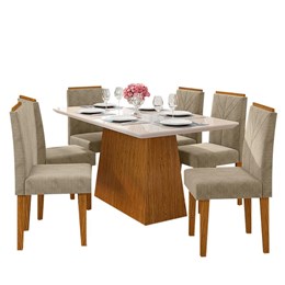Mesa de Jantar Barbara 160x90 com 6 Cadeiras Amanda Ipê/Off White/Marfim - PR Móveis 