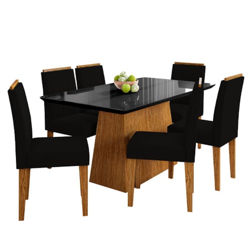 Mesa de Jantar Bárbara 160x90 com 6 Cadeiras Ana Ypê/Preto/Veludo Preto - New Ceval