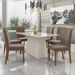 Mesa de Jantar Barbara 160x90 com 6 Cadeiras Caroline Off White/Ipê/Marrom Rosê - PR Móveis 