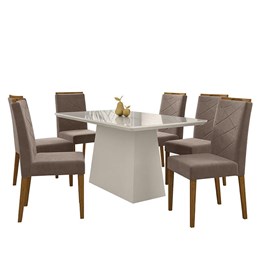 Mesa de Jantar Barbara 160x90 com 6 Cadeiras Caroline Off White/Ipê/Marrom Rosê - PR Móveis 