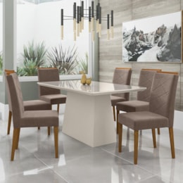 Mesa de Jantar Bárbara 160x90 com 6 Cadeiras Caroline Off White/Ypê/Veludo Marrom Rosê - New Ceval