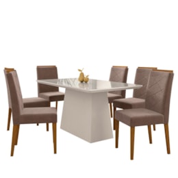 Mesa de Jantar Bárbara 160x90 com 6 Cadeiras Caroline Off White/Ypê/Veludo Marrom Rosê - New Ceval