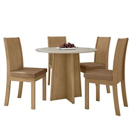 Mesa de Jantar Celebrare 100cm com 4 Cadeiras Athenas Amêndoa/Off White/Corino Caramelo - Móveis Lopas