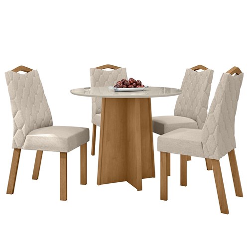 Mesa de Jantar Celebrare 100cm e 4 Cadeiras Vênus Amêndoa/Off White/Linho Bege - Móveis Lopas 