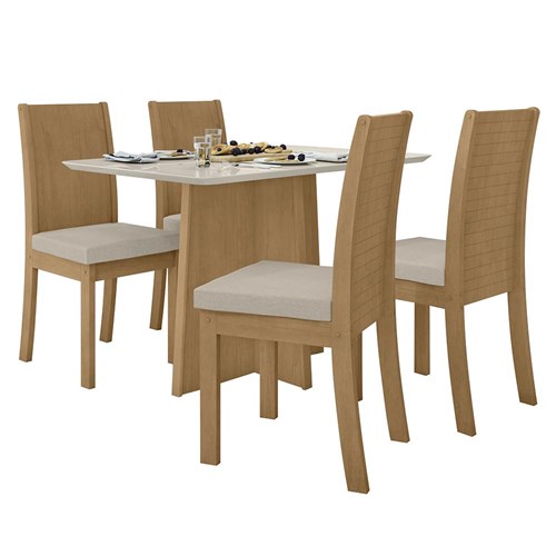 Mesa de Jantar Celebrare 120cm e 4 Cadeiras Athenas Amêndoa/Off White/Linho Bege - Móveis Lopas