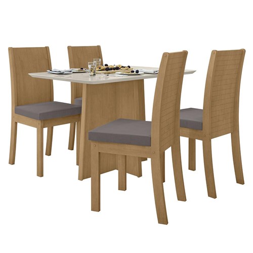 Mesa de Jantar Celebrare 120cm e 4 Cadeiras Athenas Amêndoa/Off White/Veludo Capuccino - Móveis Lopas
