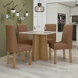 Mesa de Jantar Celebrare 90x90 com 4 Cadeiras Exclusive Amêndoa/Off White/Corino Caramelo - Móveis Lopas