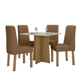 Mesa de Jantar Celebrare 90x90 com 4 Cadeiras Exclusive Amêndoa/Off White/Corino Caramelo - Móveis Lopas