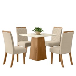 Mesa de Jantar Dora Tampo de MDF com 4 Cadeiras Bella Nature/Off White/Suede Linho - Móveis Henn