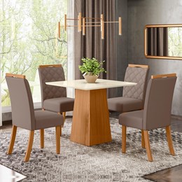 Mesa de Jantar Dora Tampo de MDF com 4 Cadeiras Bella Nature/Off White/Veludo Marrom Amêndoa - Móveis Henn