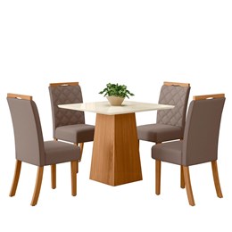Mesa de Jantar Dora Tampo de MDF com 4 Cadeiras Bella Nature/Off White/Veludo Marrom Amêndoa - Móveis Henn