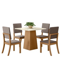 Mesa de Jantar Dora Tampo de MDF com 4 Cadeiras Milla Nature/Off White/Veludo Marrom Amêndoa - Móveis Henn