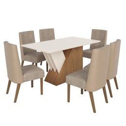 Mesa de Jantar Epic Tampo de MDF com 6 Cadeiras Anne Nature/Off White/Corano Bege/Veludo Creme - Móveis Henn