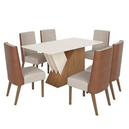 Mesa de Jantar Epic Tampo de MDF com 6 Cadeiras Anne Nature/Off White/Corano Caramelo/Suede Linho - Móveis Henn
