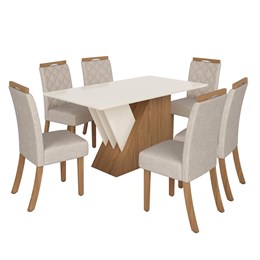 Mesa de Jantar Epic Tampo de MDF com 6 Cadeiras Bella Nature/Off White/Suede Linho - Móveis Henn