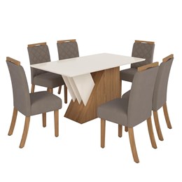 Mesa de Jantar Epic Tampo de MDF com 6 Cadeiras Bella Nature/Off White/Veludo Marrom Amêndoa - Móveis Henn