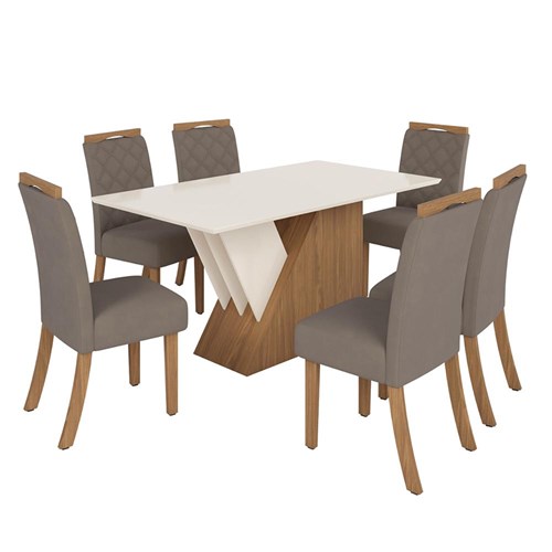 Mesa de Jantar Epic Tampo de MDF com 6 Cadeiras Bella Nature/Off White/Veludo Marrom Amêndoa - Móveis Henn