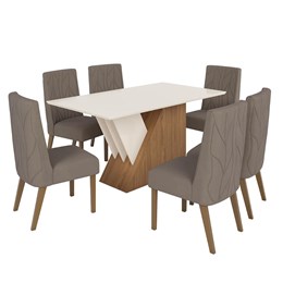 Mesa de Jantar Epic Tampo de MDF com 6 Cadeiras Eloá Nature/Off White/Veludo Marrom Amêndoa - Móveis Henn