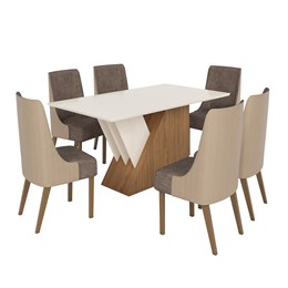 Mesa de Jantar Epic Tampo de MDF com 6 Cadeiras Ivy Off White/Nature/Corano Bege/Suede Cacao - Móveis Henn