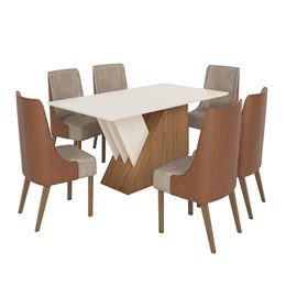 Mesa de Jantar Epic Tampo de MDF com 6 Cadeiras Ivy Off White/Nature/Corano Caramelo/Suede Creme - Móveis Henn