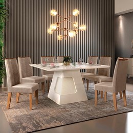 Mesa de Jantar Escala 136x136 Creme com 8 Cadeiras Lucila Carvalho Europeu/Veludo Caqui - PR Móveis 