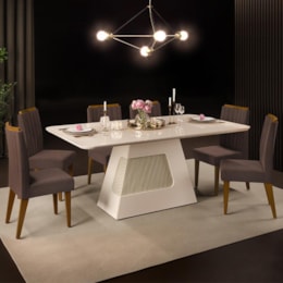 Mesa de Jantar Escala 180x90 Creme com 6 Cadeiras Lara Canela/Marrom Café - PR Móveis 