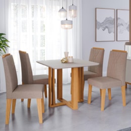 Mesa de Jantar Flora 95x95 com Tampo em MDF e 4 Cadeiras Nicole Nature/Off White/Linho Bege - Cimol Móveis  Mesa de Jantar Flora 95x95 com Tampo em MDF e 4 Cadeiras Nicole Nature/Off White/Linho Bege - Cimol Móveis