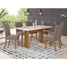Mesa de Jantar Ísis Tampo de MDF com 6 Cadeiras Malu Nature/Off White/Veludo Marrom Amêndoa - Móveis Henn