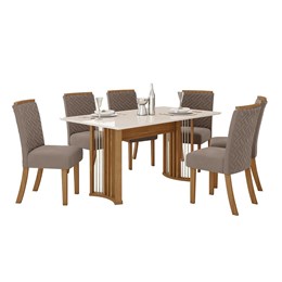 Mesa de Jantar Ísis Tampo de MDF com 6 Cadeiras Malu Nature/Off White/Veludo Marrom Amêndoa - Móveis Henn