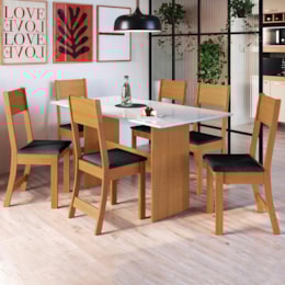 Mesa de Jantar Karla 150x76 com Tampo em MDP e 6 Cadeiras Freijó/Off White/Preto - Indekés