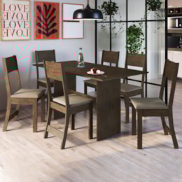 Mesa de Jantar Karla 150x76 com Tampo em MDP e 6 Cadeiras Noce/Cacau - Indekés  Mesa de Jantar Karla 150x76 com Tampo em MDP e 6 Cadeiras Noce/Cacau - Indekés