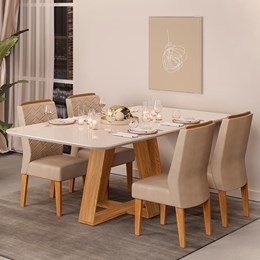 Mesa de Jantar Kiara com 4 Cadeiras Lidia Carvalho Nobre/Off White/Kraft - PR Móveis