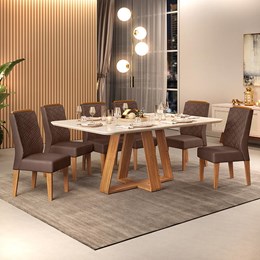 Mesa de Jantar Kiara com 6 Cadeiras Lidia Carvalho Nobre/Off White/Moca - PR Móveis  