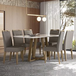 Mesa de Jantar Lectus 160x90 com 6 Cadeiras Itália Amêndoa/Off White/Cinza - PR Móveis  