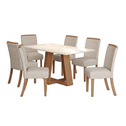 Mesa de Jantar Lins Tampo de MDF com 6 Cadeiras Malu Nature/Off White/Suede Linho - Móveis Henn