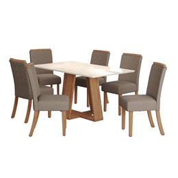 Mesa de Jantar Lins Tampo de MDF com 6 Cadeiras Malu Nature/Off White/Veludo Marrom Amêndoa - Móveis Henn
