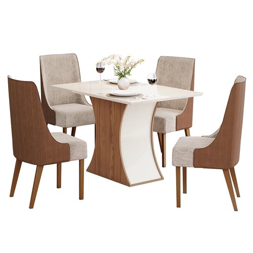 Mesa de Jantar Luíza Tampo de MDF com 4 Cadeiras Ivy Off White/Nature/Corano Caramelo/Suede Creme - Móveis Henn