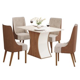 Mesa de Jantar Luíza Tampo de MDF com 4 Cadeiras Ivy Off White/Nature/Corano Caramelo/Suede Creme - Móveis Henn