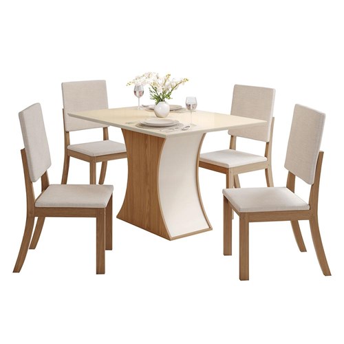 Mesa de Jantar Luíza Tampo de MDF com 4 Cadeiras Milla Nature/Off White/Suede Linho - Móveis Henn