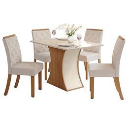 Mesa de Jantar Luíza Tampo de MDF com 4 Cadeiras Vita Nature/Off White/Suede Linho - Móveis Henn