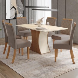 Mesa de Jantar Luíza Tampo de MDF com 6 Cadeiras Bella Nature/Off White/Veludo Marrom Amêndoa - Móveis Henn